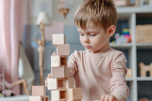 Cute dark-skinned child girl playing stacking wooden block in living room, blank wooden blocks. Beautiful simple AI generated image in 4K, unique.