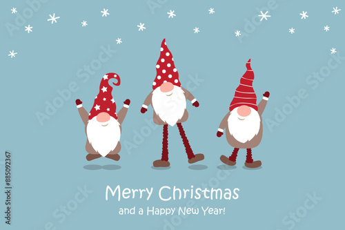 christmas greeting card with cute christmas dwarf in winter vector illustration
