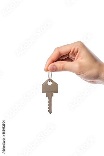 A person holding key lock white background keychain.