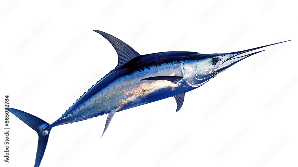 Fototapeta premium A blue marlin fish leaps out of the water. on transparency background