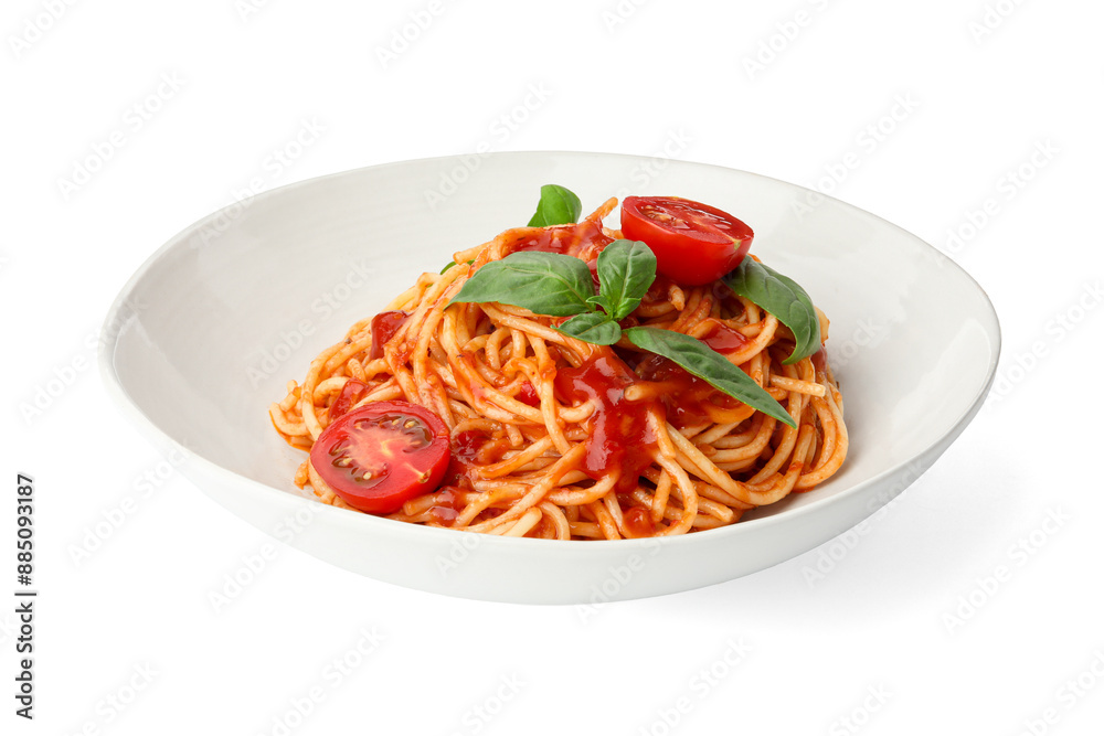 Delicious pasta with tomato sauce and basil in bowl isolated on white Delicious pasta with tomato sauce and basil in bowl isolated on white