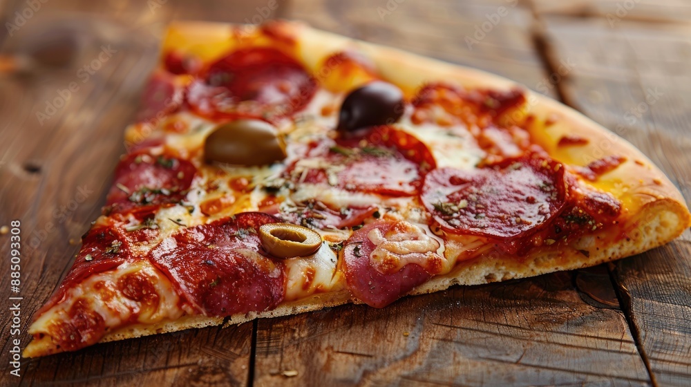 Fresh pizza slice with salami olives and cheese on a wooden table Fresh pizza slice with salami olives and cheese on a wooden table