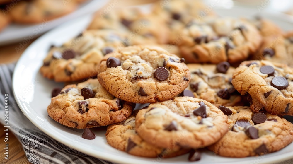 Plate of warm chocolate chip cookies, emphasizing their rich texture and delicious flavor. Plate of warm chocolate chip cookies, emphasizing their rich texture and delicious flavor.