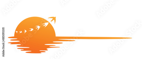 The symbol of sun in the sea with birds.