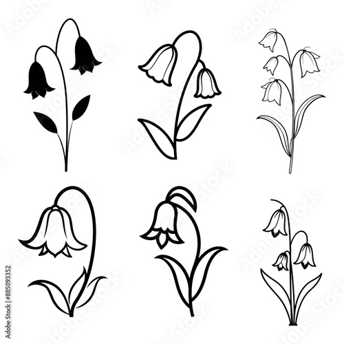 line art of a bluebell silhouette, A set of silhouettes of bluebell flowers