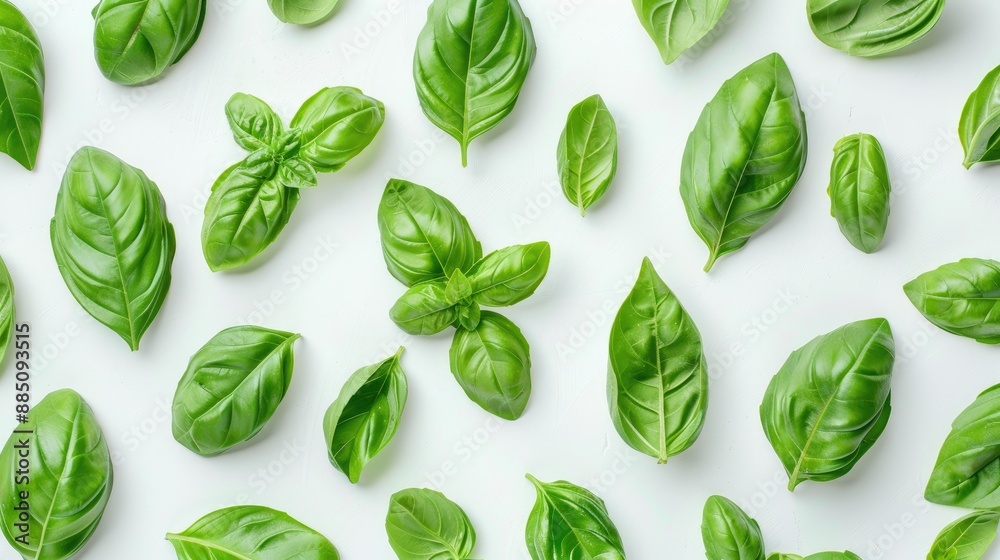 Fresh Italian Large Leaf Basil from Home Close Up Top View on White Background Fresh Italian Large Leaf Basil from Home Close Up Top View on White Background