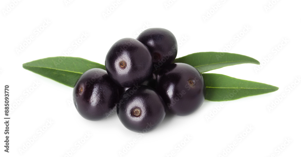 Fresh ripe acai berries and green leaves isolated on white Fresh ripe acai berries and green leaves isolated on white
