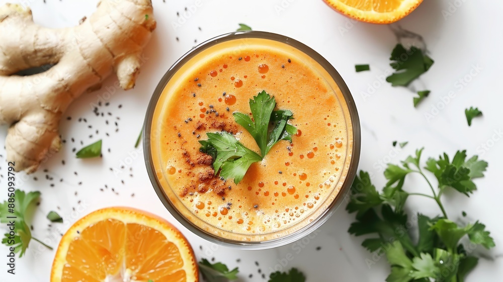 Fresh carrot smoothie with parsley ginger and orange in a mug on white background Fresh carrot smoothie with parsley ginger and orange in a mug on white background