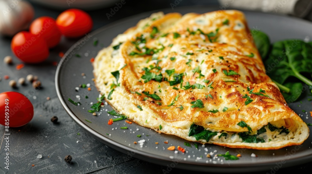 A nutritious omelette stuffed with fresh spinach leaves, served on a black plate, seasoned with herbs and spices for an appetizing and health-conscious breakfast option. A nutritious omelette stuffed with fresh spinach leaves, served on a black plate, seasoned with herbs and spices for an appetizing and health-conscious breakfast option.