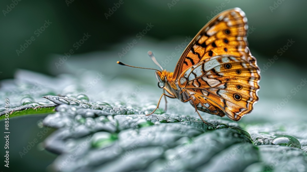 Striking image of a golden butterfly with detailed patterns resting on a dew-covered green leaf under gentle sunlight, showcasing nature's tranquility and intricate beauty. Striking image of a golden butterfly with detailed patterns resting on a dew-covered green leaf under gentle sunlight, showcasing nature's tranquility and intricate beauty.