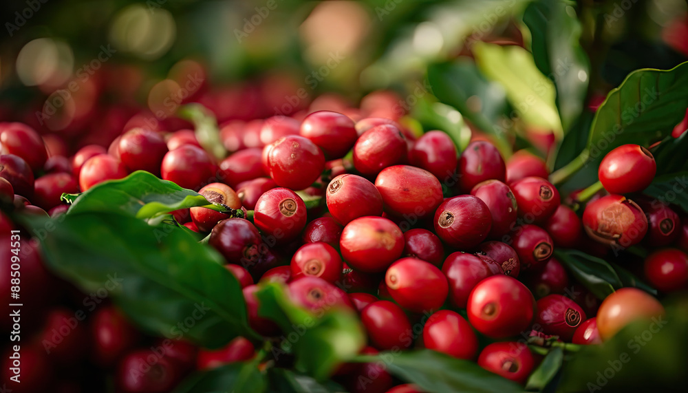 Ripe Red Coffee Beans Surrounded by Lush Green Leaves in Harvest Season, Perfect for Coffee Industry and Agriculture Use Ripe Red Coffee Beans Surrounded by Lush Green Leaves in Harvest Season, Perfect for Coffee Industry and Agriculture Use