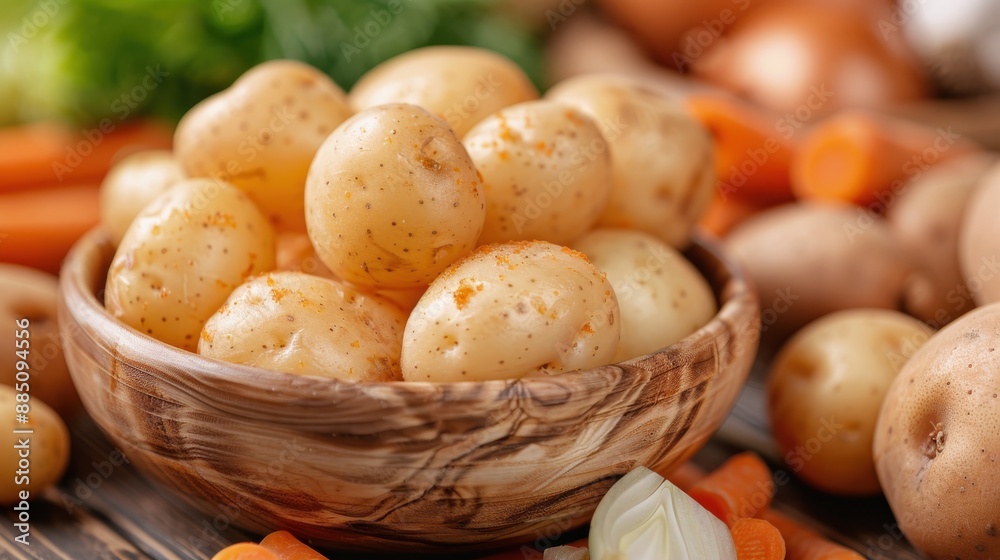 A rustic wooden bowl holding fresh, unpeeled potatoes, surrounded by carrots and onions, capturing a farm-to-table feel with wholesome, natural ingredients. A rustic wooden bowl holding fresh, unpeeled potatoes, surrounded by carrots and onions, capturing a farm-to-table feel with wholesome, natural ingredients.