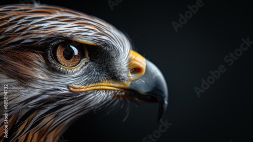 Profile view of a hawk, with detailed feathers and a sharp beak in focus, highlighting the bird's vigilant nature and regal stance against a black background. photo