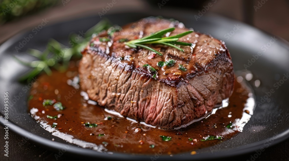 This mouth-watering image showcases a juicy steak garnished with fresh rosemary, perfectly seared and served on a sleek black plate, ideal for culinary enthusiasts and food presentations. This mouth-watering image showcases a juicy steak garnished with fresh rosemary, perfectly seared and served on a sleek black plate, ideal for culinary enthusiasts and food presentations.