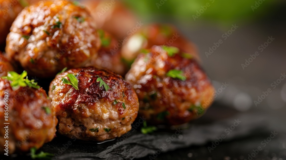 The image features a close-up shot of several grilled meatballs, garnished with fresh herbs, arranged on a dark surface, creating an appetizing and savory visual. The image features a close-up shot of several grilled meatballs, garnished with fresh herbs, arranged on a dark surface, creating an appetizing and savory visual.