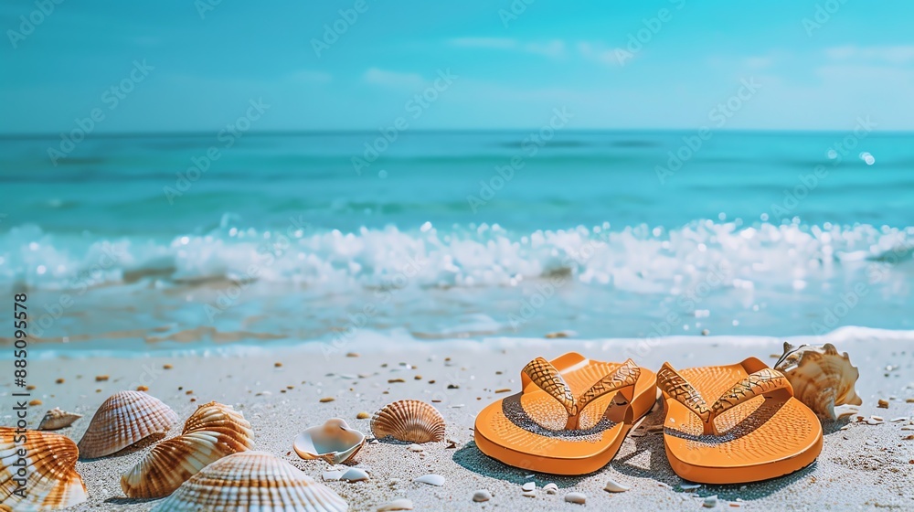 Orange flip-flops on a white sand beach with seashells and waves in the background. Orange flip-flops on a white sand beach with seashells and waves in the background.