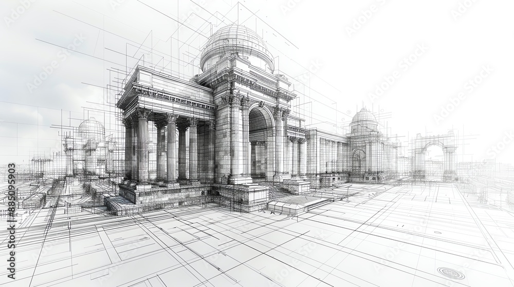 Fototapeta premium Detailed architectural sketch with buildings and landmarks, ample copy space