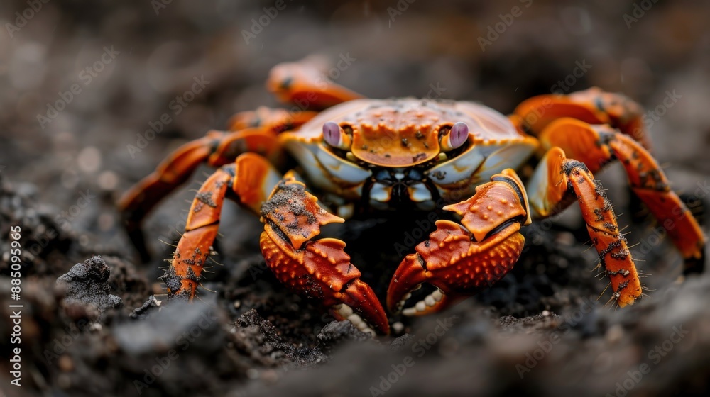 A close-up image showcasing a fiery red and orange colored crab on a dark, muddy surface, highlighting its vivid color contrast and unique body features. A close-up image showcasing a fiery red and orange colored crab on a dark, muddy surface, highlighting its vivid color contrast and unique body features.