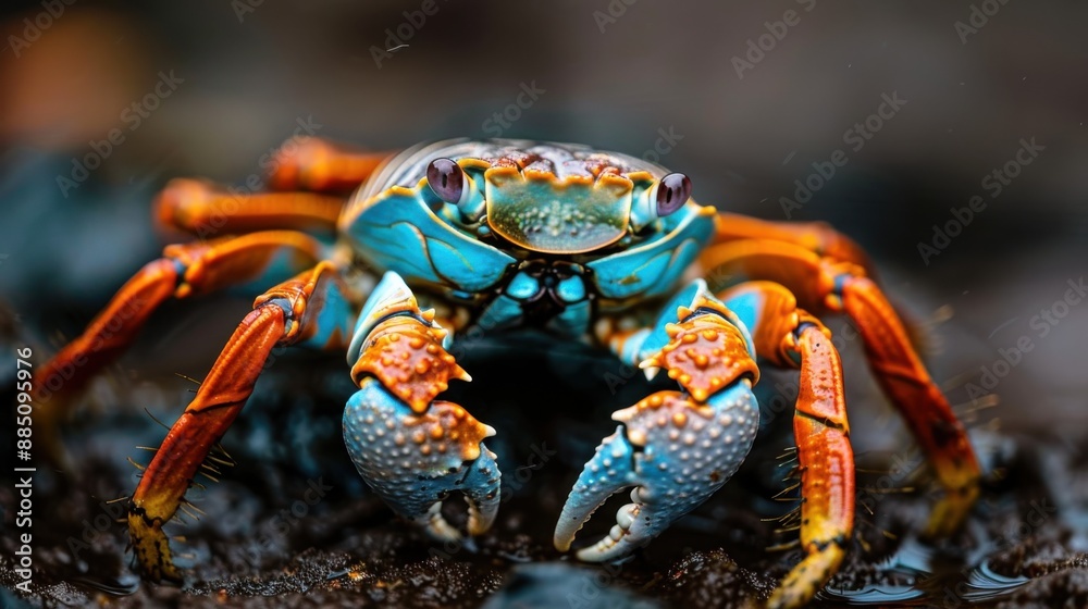 A detailed close-up shot of a blue and orange crab on a wet, rocky surface, displaying its colorful body and unique natural adaptations in a marine environment. A detailed close-up shot of a blue and orange crab on a wet, rocky surface, displaying its colorful body and unique natural adaptations in a marine environment.