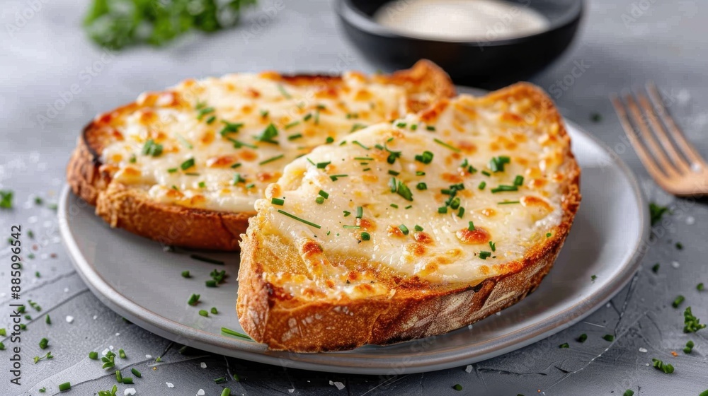 A plate of toasted bread topped with golden melted cheese and fresh herbs sits invitingly, showcasing a delightful and savory snack that's perfect for cheese lovers. A plate of toasted bread topped with golden melted cheese and fresh herbs sits invitingly, showcasing a delightful and savory snack that's perfect for cheese lovers.