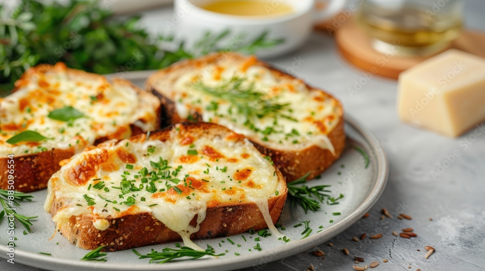A plate of three delicious cheesy garlic toasts, perfectly toasted and garnished with fresh herbs, displayed on a light gray table for a savory treat. A plate of three delicious cheesy garlic toasts, perfectly toasted and garnished with fresh herbs, displayed on a light gray table for a savory treat.