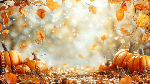 Seasonal illustration with autumn leaves and pumpkins, ample copy space