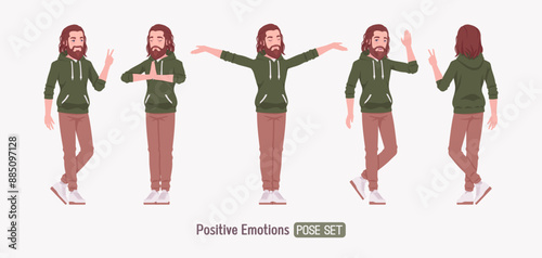Long haired bearded handsome man positive, happy pose set, cute hoodie casual outfit, white sneakers, jeans for weekend outing, informal gatherings, comfortable day relaxed style. Vector illustration