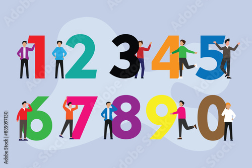 Young People standing next to numbers 2d flat vector illustration