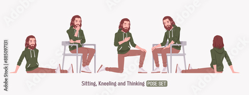 Long haired bearded handsome man chair, floor, knee sit pose set, cute hoodie casual outfit, sneakers, jeans for weekend outing, informal gatherings, comfortable day relaxed style. Vector illustration