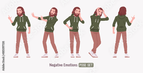 Long haired bearded handsome man negative, unhappy pose set, cute hoodie casual outfit, white sneakers, jeans for weekend outing, informal gathering, comfortable day relaxed style. Vector illustration