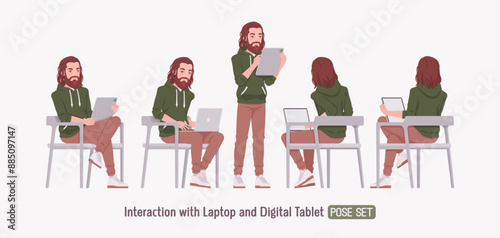 Long haired bearded handsome man laptop computer using pose set, cute hoodie casual outfit white sneakers, jeans, weekend outing, informal gathering, comfortable day relaxed style. Vector illustration