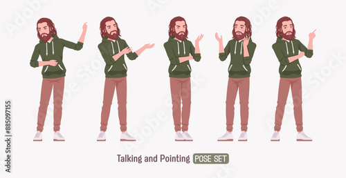 Long haired bearded handsome speaker coach presenting pose set, cute hoodie casual outfit, white sneakers, jeans weekend outing, informal gathering, comfortable day relaxed style. Vector illustration