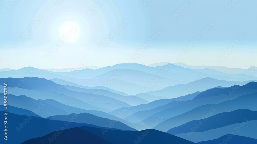 Fototapeta premium An illustration of a mountain range with a bright white sun in the blue sky.