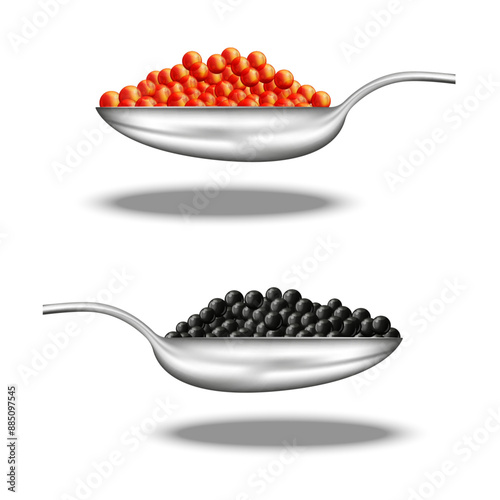 Silver spoons with red and black caviar isolated on white background – luxurious seafood delicacy realistic 3d vector food illustration.