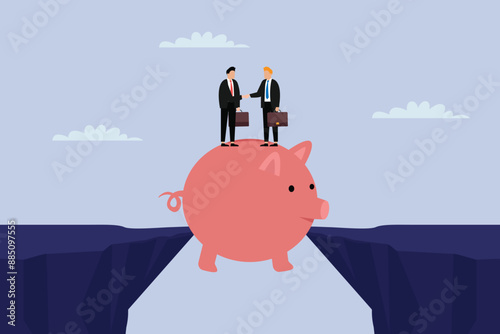 Vector of a piggy bank bridging the gap between a businesspeople. Assisting business people to overcome difficulties 2d flat vector illustration