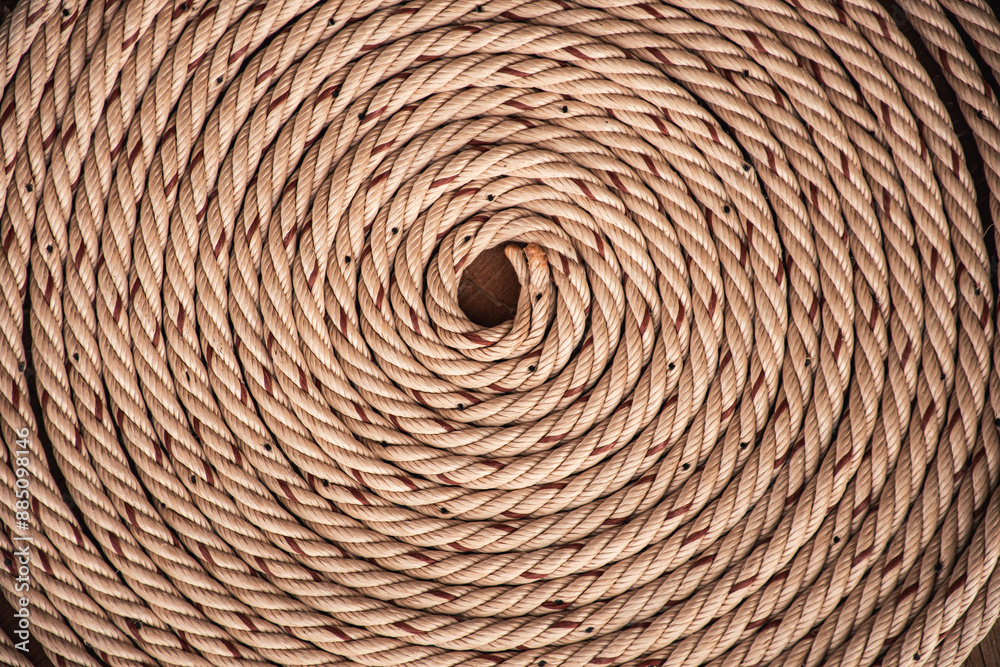 Brown rope with red lines and coiled roll from top view on wooden table background in warm tone. Braided rope on a roll background texture 2025. Photo of an old vintage rope. Brown rope with red lines and coiled roll from top view on wooden table background in warm tone. Braided rope on a roll background texture 2025. Photo of an old vintage rope.