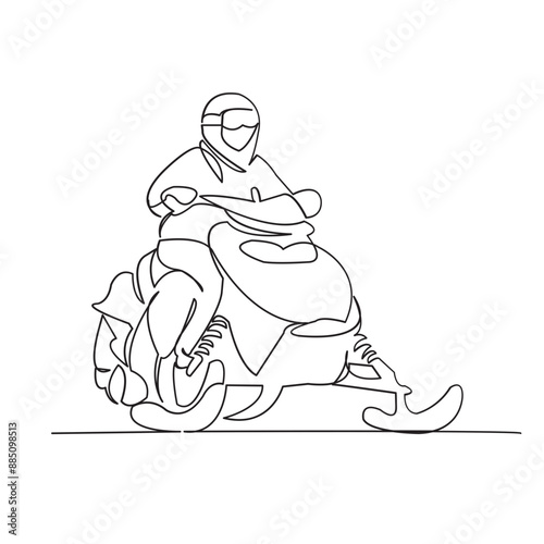 continuous single drawn line man on a snowmobile, scooter, bike hand-drawn picture silhouette. Line art. doodle