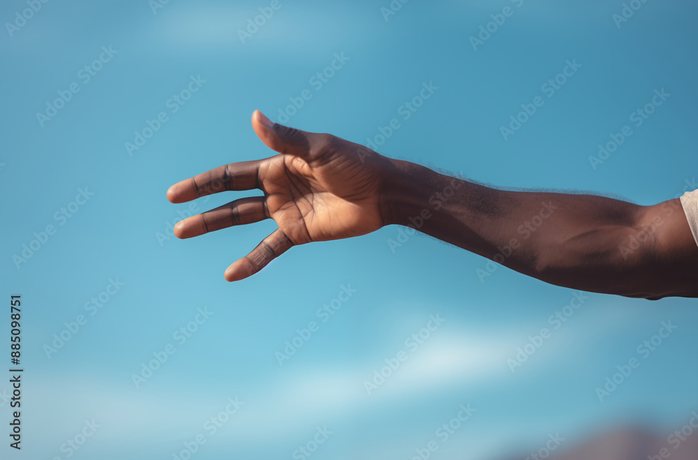 A close-up of an outstretched hand against a clear blue sky, suggesting openness, connection, or a gesture A close-up of an outstretched hand against a clear blue sky, suggesting openness, connection, or a gesture