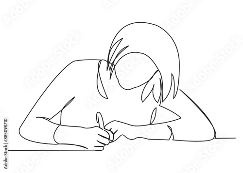 continuous single drawn one line girl student studying hand-drawn picture silhouette. line art doodle