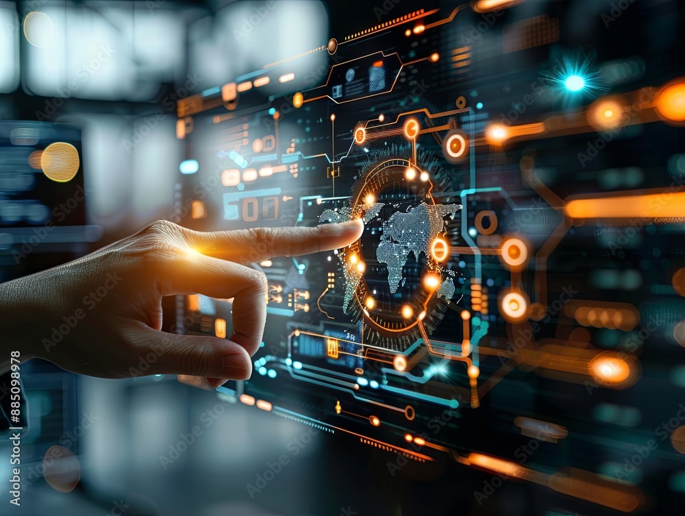 a person presses a high-tech hologram monitor with a glowing world map.IT and AI power concept in the future of the world.information technology conceptual a person presses a high-tech hologram monitor with a glowing world map.IT and AI power concept in the future of the world.information technology conceptual