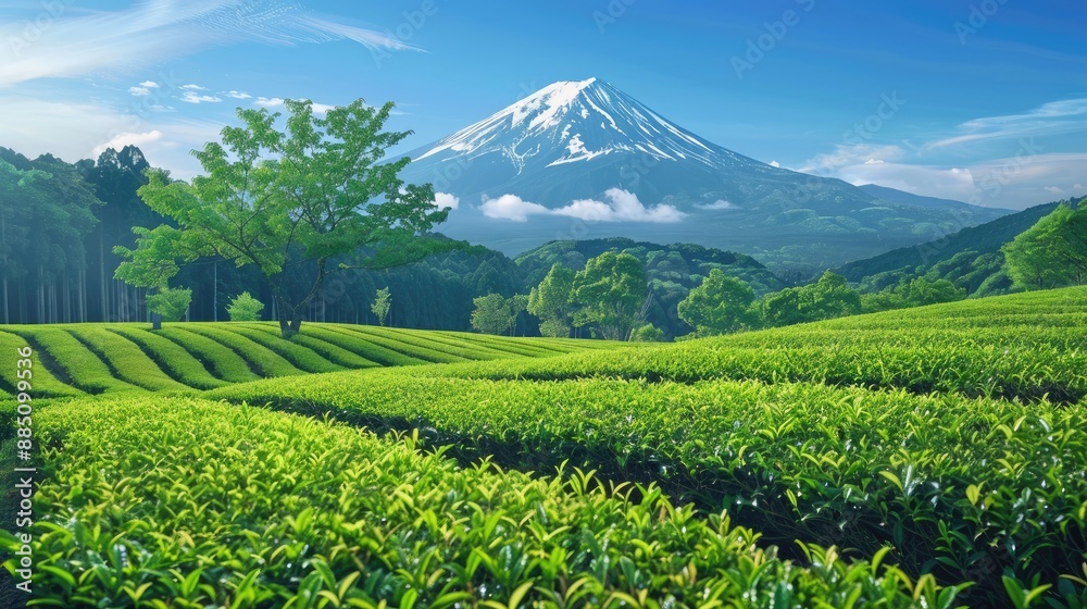 Tea plants in the foreground with Mount Fuji in the distance, creating a picturesque and tranquil scene. Tea plants in the foreground with Mount Fuji in the distance, creating a picturesque and tranquil scene.