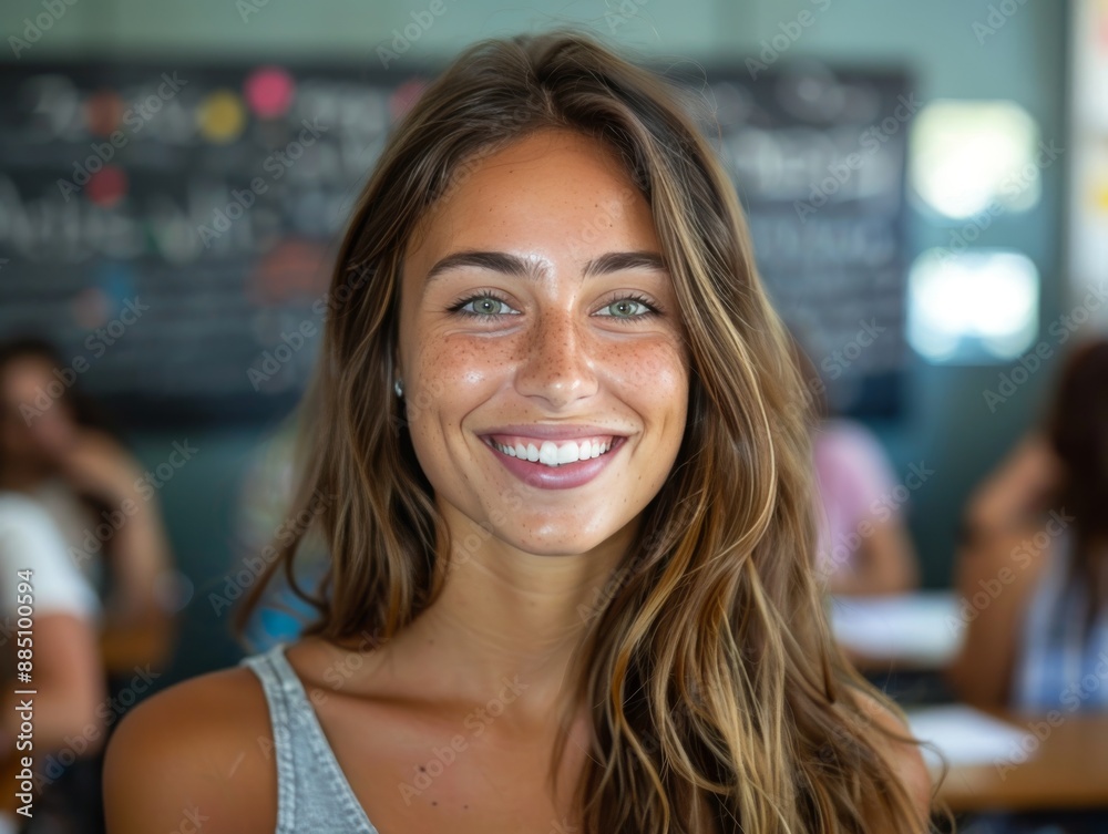 A beautiful young female teacher with golden brown hair wearing a tank top smiles kindly in a classroom with school students in the background A beautiful young female teacher with golden brown hair wearing a tank top smiles kindly in a classroom with school students in the background