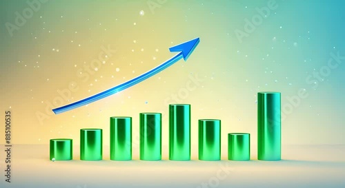 Green bar chart with a rising blue arrow symbolizing financial growth. Ideal for business presentations and economic reports, investment and financial visuals photo