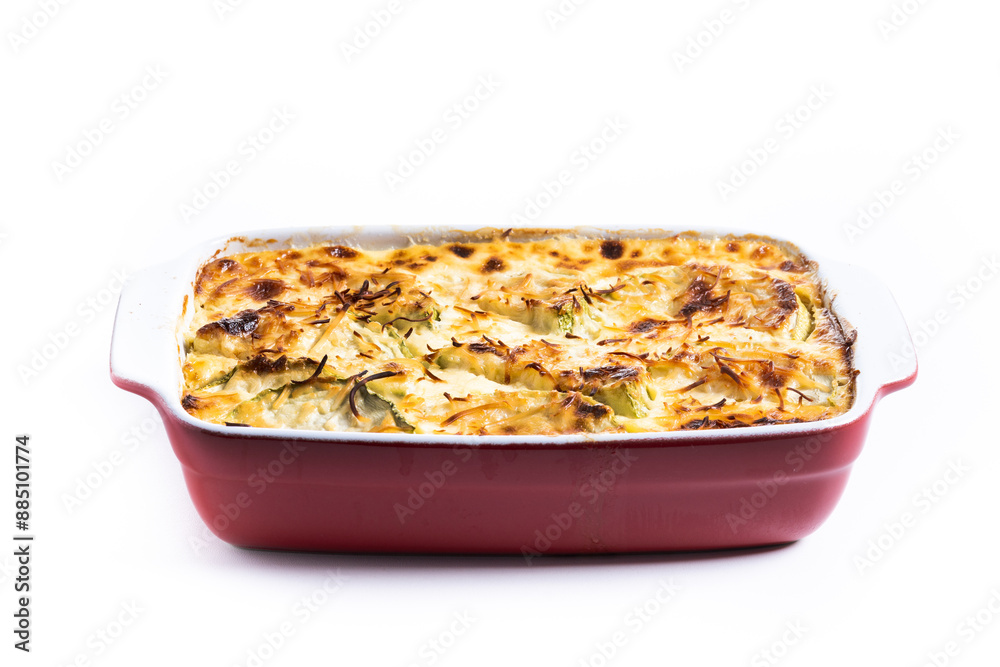 Casserole with cheese and gratin zucchini isolated on white background. Casserole with cheese and gratin zucchini isolated on white background.