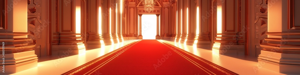 Fototapeta premium AI-Generated Red Carpet Leading to the King's Throne in a Palace Castle. Elegant and Luxurious, Majestic Red Carpet, Award Ceremony Venue, High-Profile Gathering, Annual Meeting, Belief and Faith, 4K 