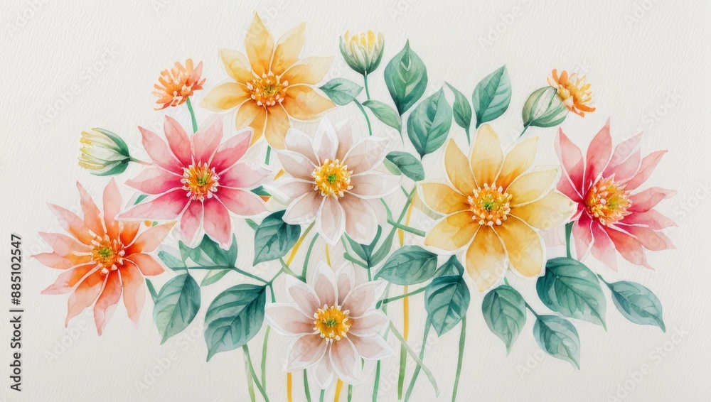 Obraz premium Watercolor Illustration of Flowers Petals and Leaves on White Canvas