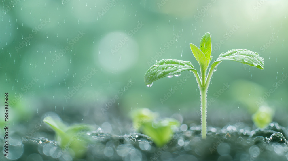 A small plant is growing in the rain A small plant is growing in the rain