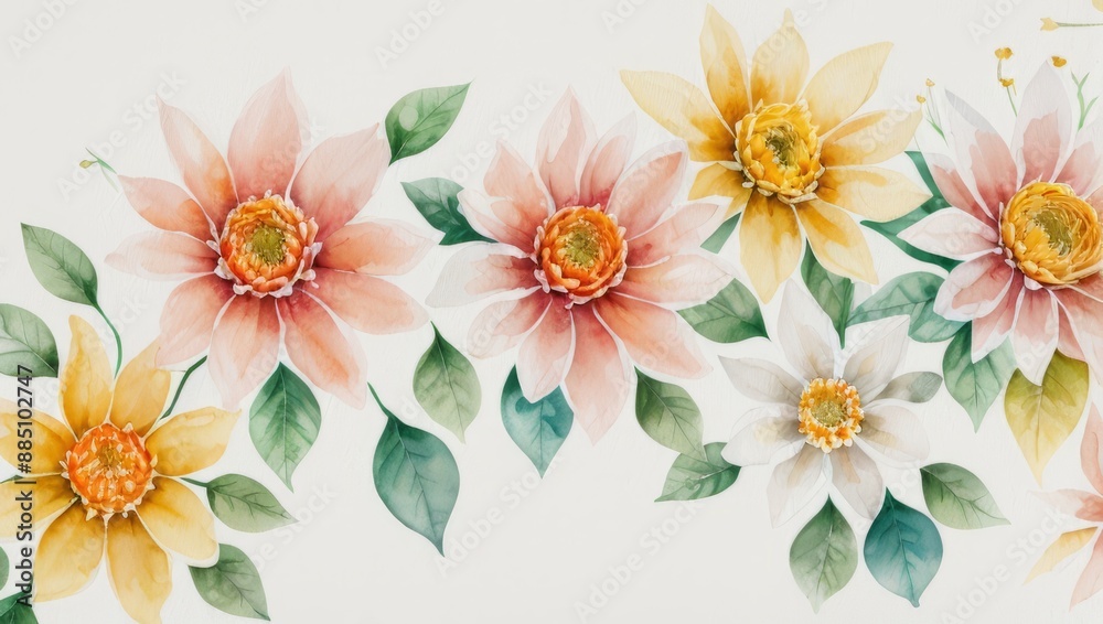 Obraz premium Watercolor Illustration of Flowers Petals and Leaves on White Canvas