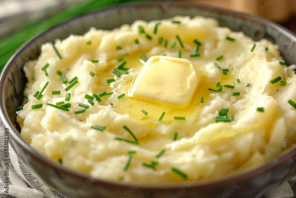 A bowl of creamy mashed potatoes topped with a pat of melting butter and a sprinkle of fresh chives. A bowl of creamy mashed potatoes topped with a pat of melting butter and a sprinkle of fresh chives.
