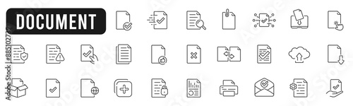 Set of document related line icons. File, page, form, report, search, list etc. Editable stroke